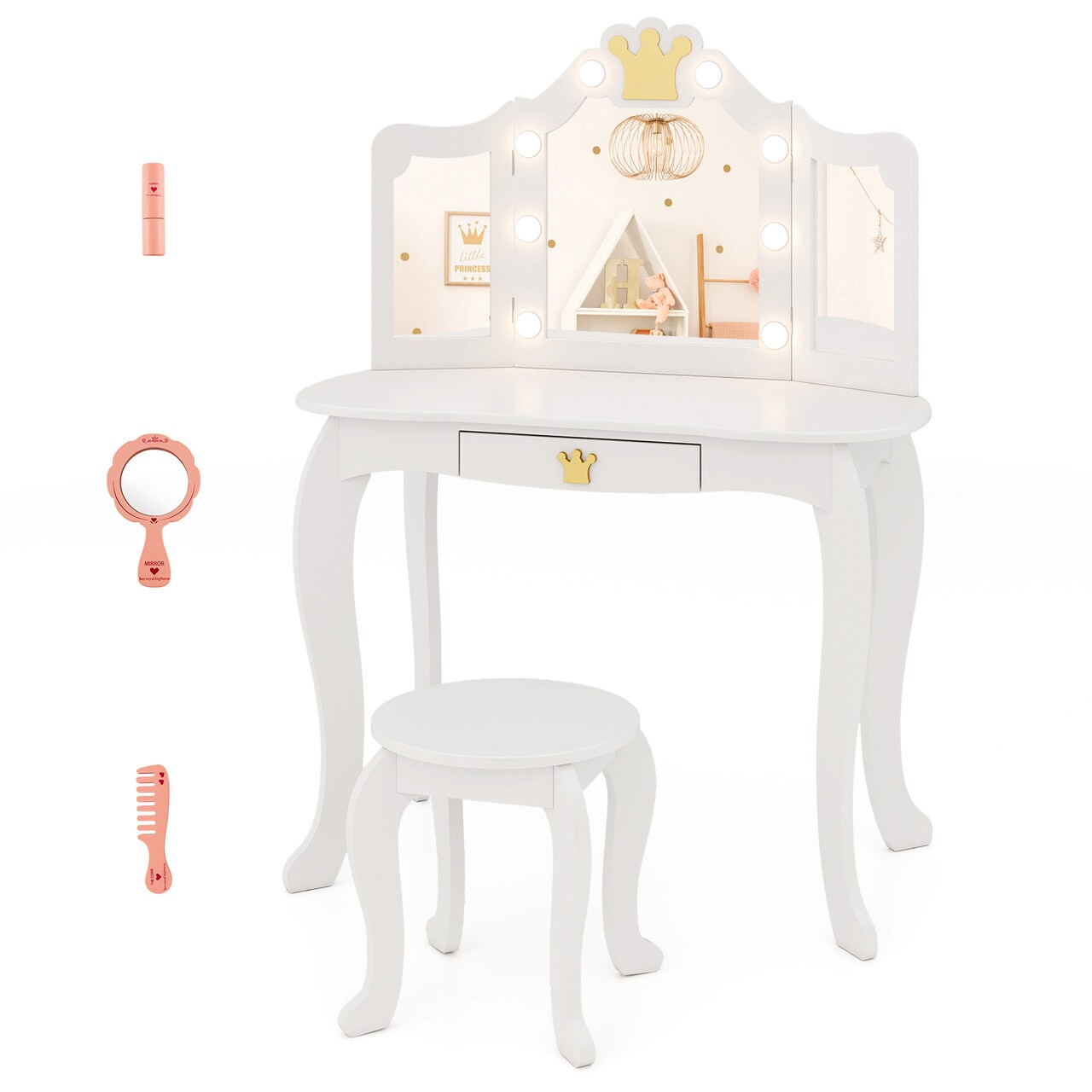 MDF and Acrylic Kids Vanity Set with Tri-Fold Mirror, LED Lights and Storage